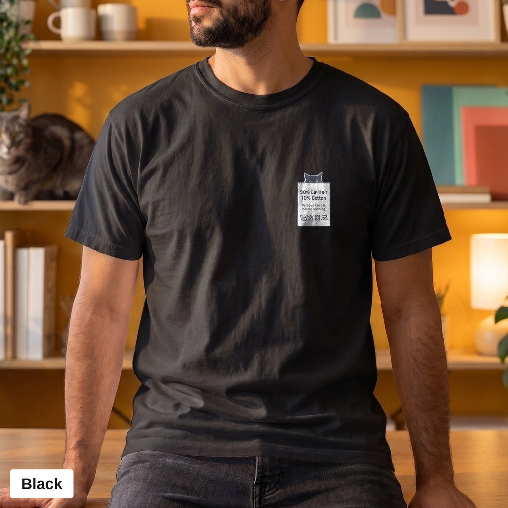 90% Cat Hair 10% Cotton pocket print tee, Comfort Colors 1717 in Black, worn