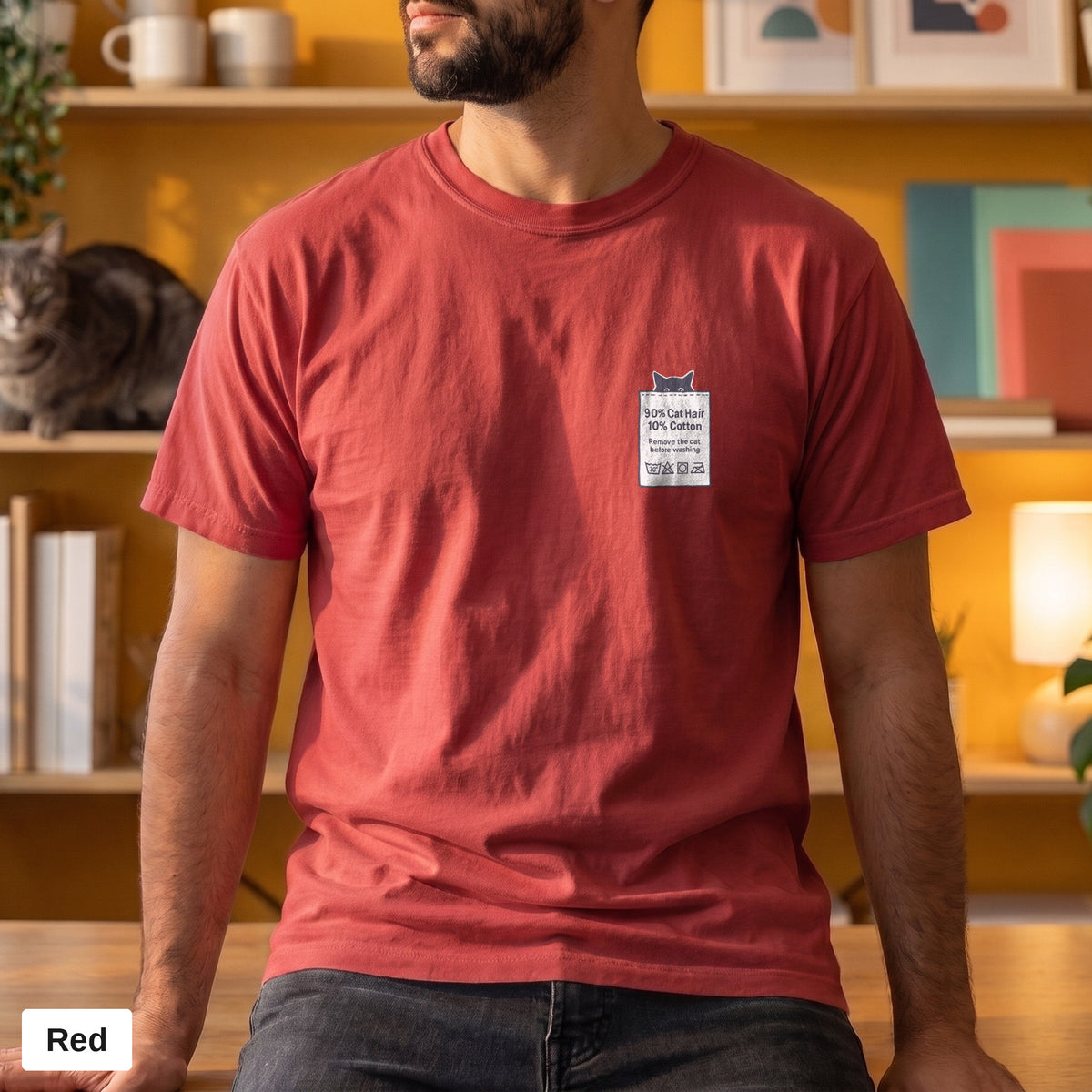 90% Cat Hair 10% Cotton pocket print tee, Comfort Colors 1717 in Red, worn