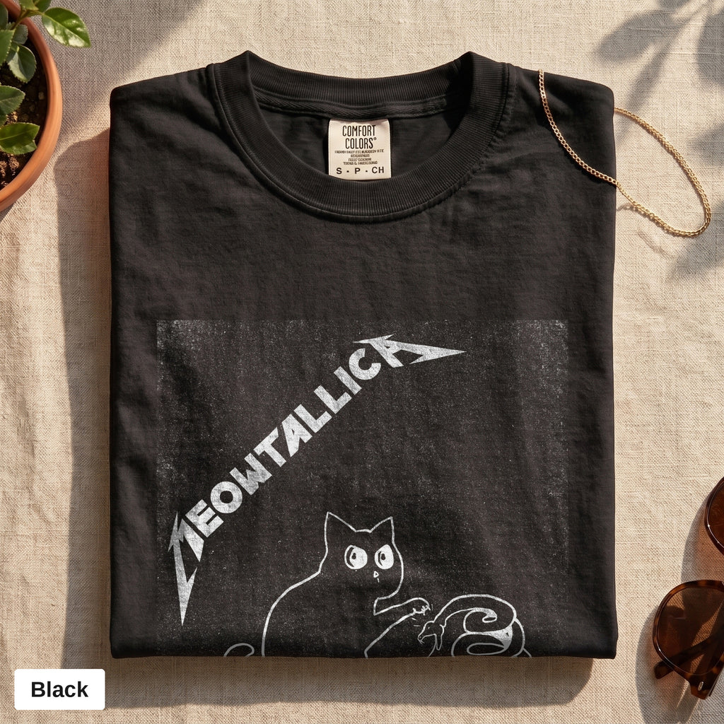 Metal cat and snake graphic tee, Comfort Colors 1717 in Black, folded flat lay