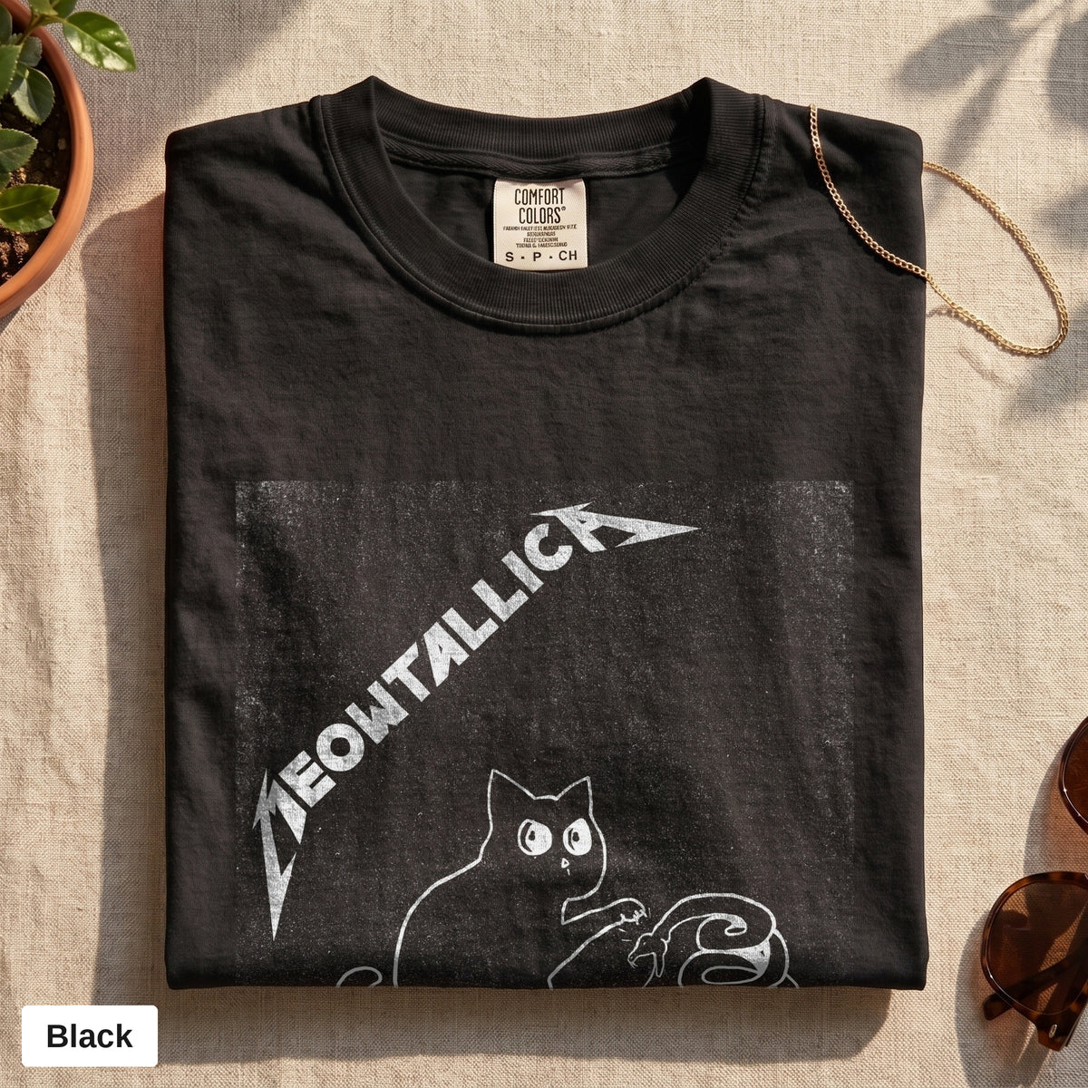 Metal cat and snake graphic tee, Comfort Colors 1717 in Black, folded flat lay