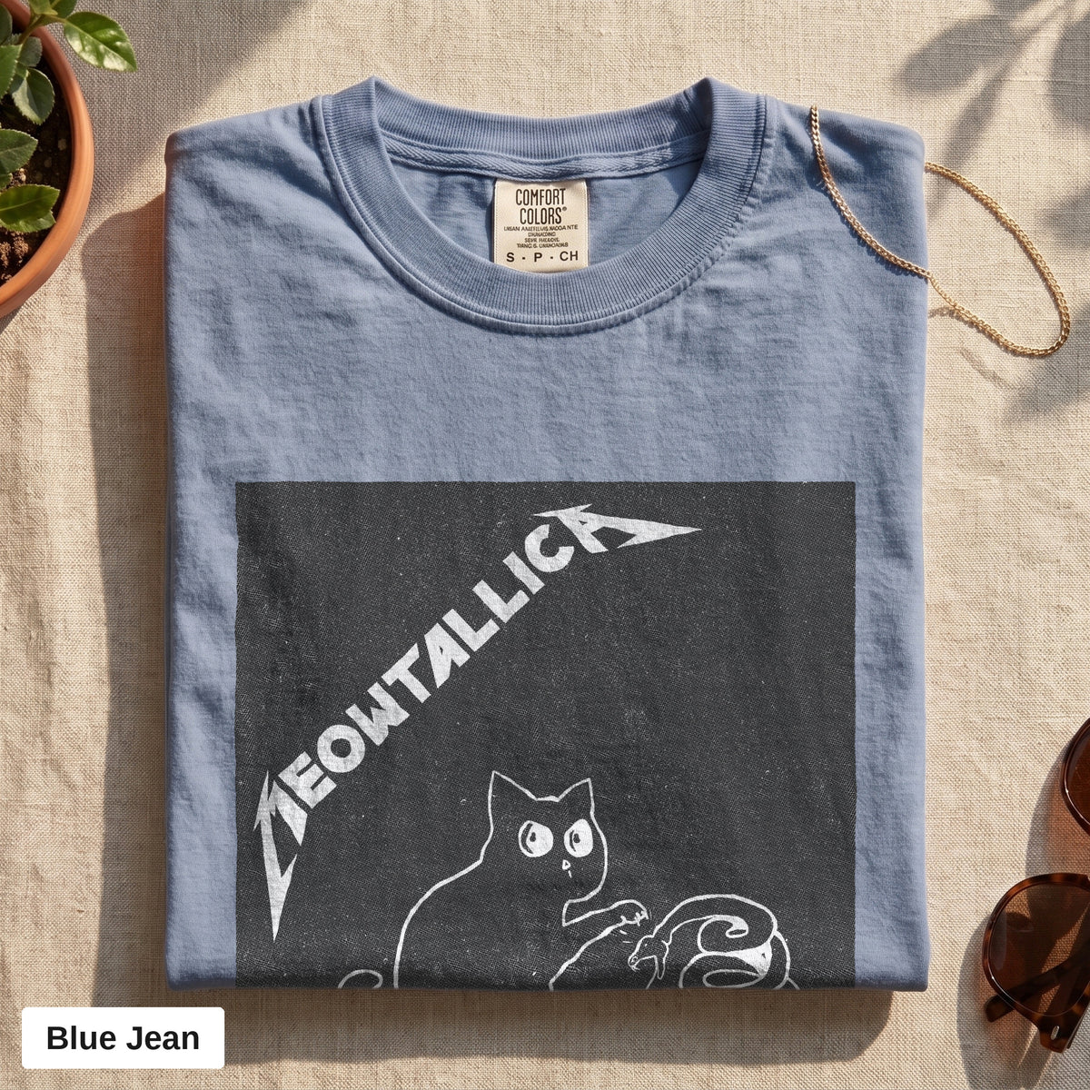 Metal cat and snake graphic tee, Comfort Colors 1717 in Blue Jean, folded flat lay