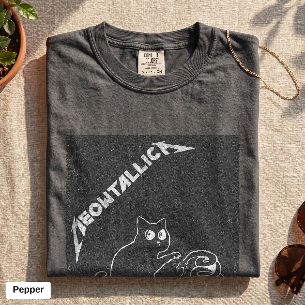 Metal cat and snake graphic tee, Comfort Colors 1717 in Pepper, folded flat lay