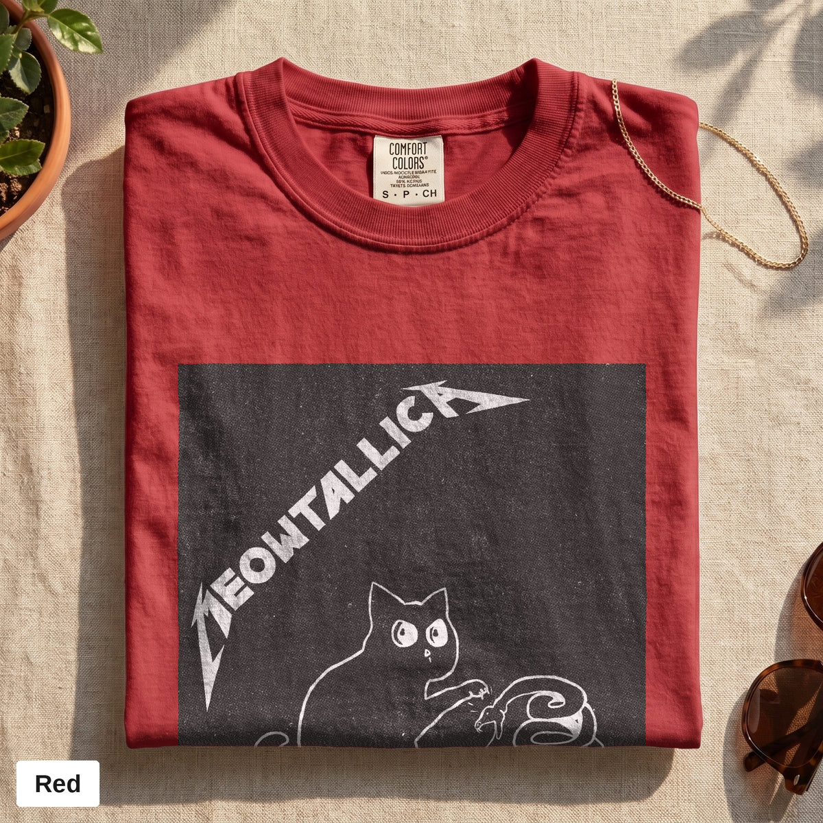 Metal cat and snake graphic tee, Comfort Colors 1717 in Red, folded flat lay