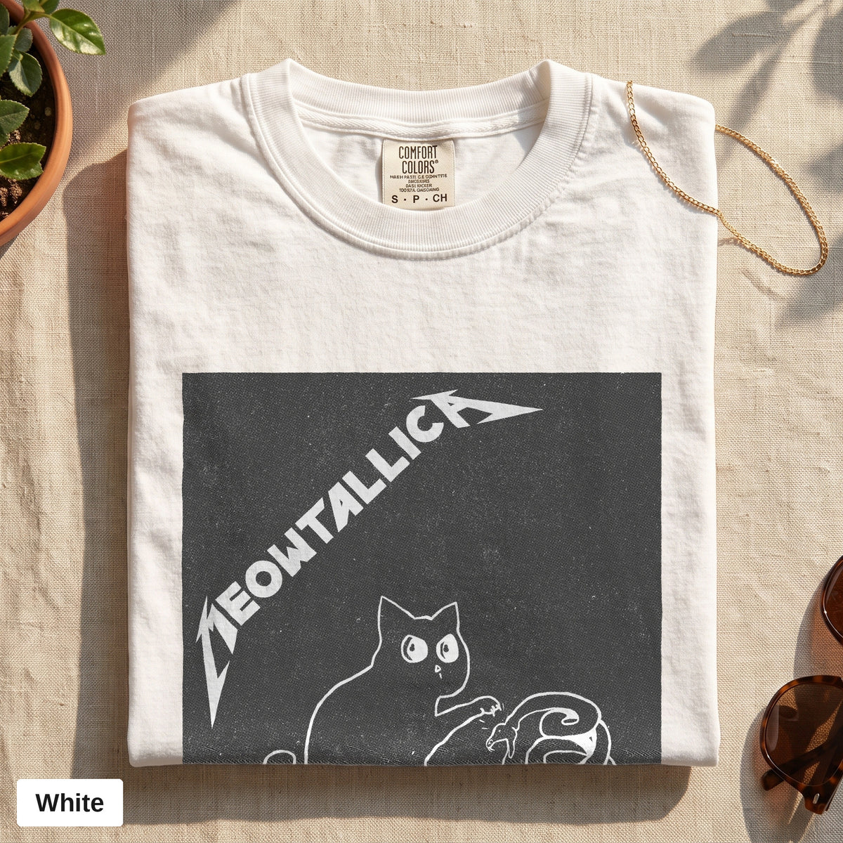 Metal cat and snake graphic tee, Comfort Colors 1717 in White, folded flat lay