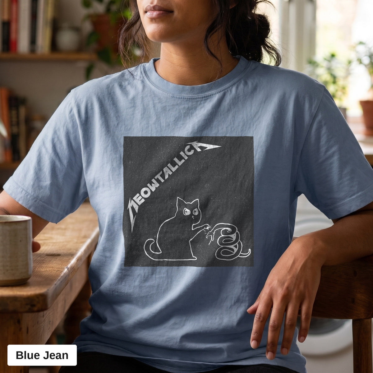 Metal cat and snake graphic tee, Comfort Colors 1717 in Blue Jean, worn by a woman