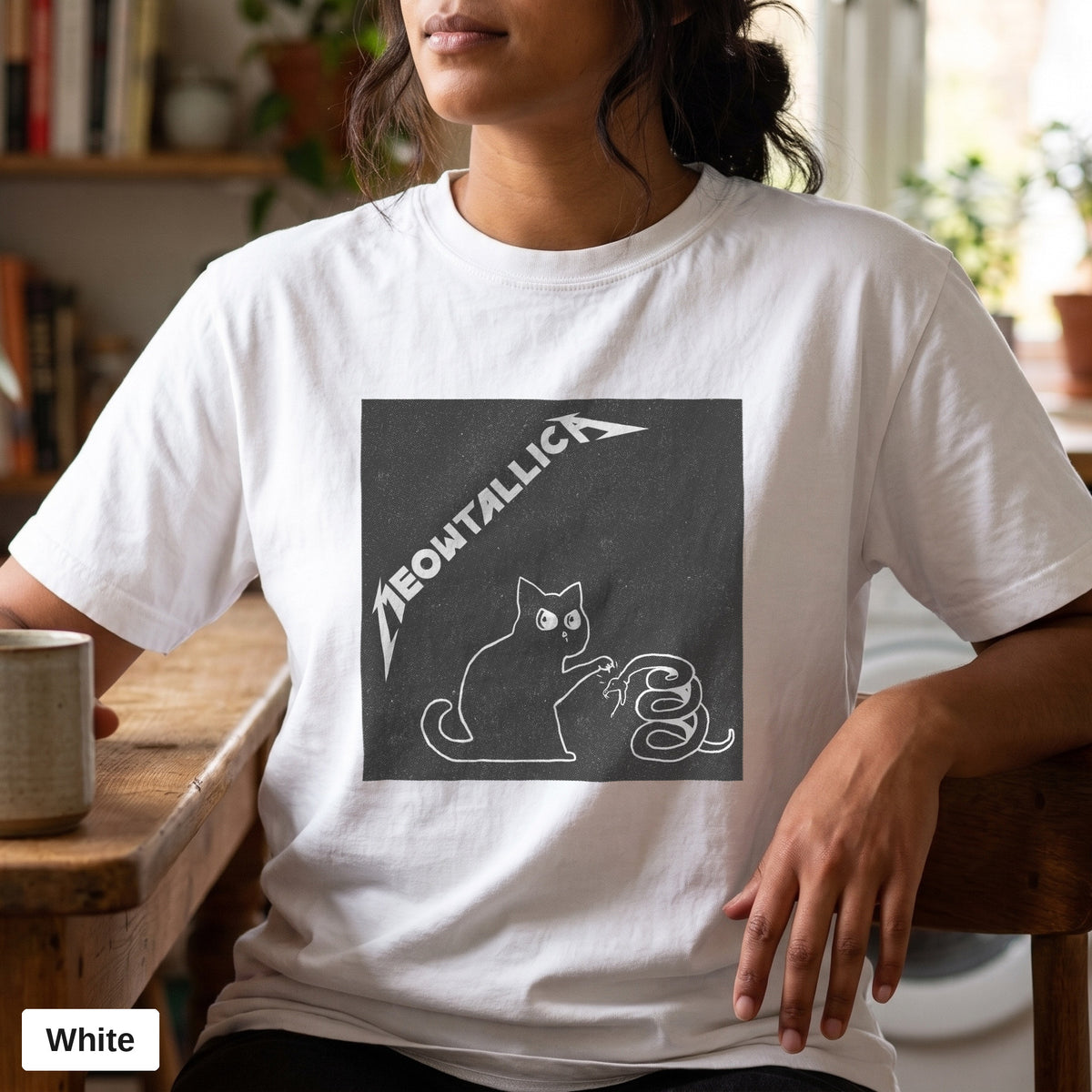Metal cat and snake graphic tee, Comfort Colors 1717 in White, worn by a woman