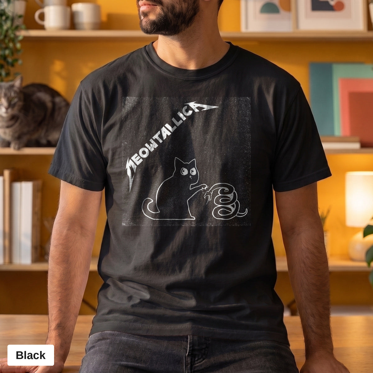Metal cat and snake graphic tee, Comfort Colors 1717 in Black, worn