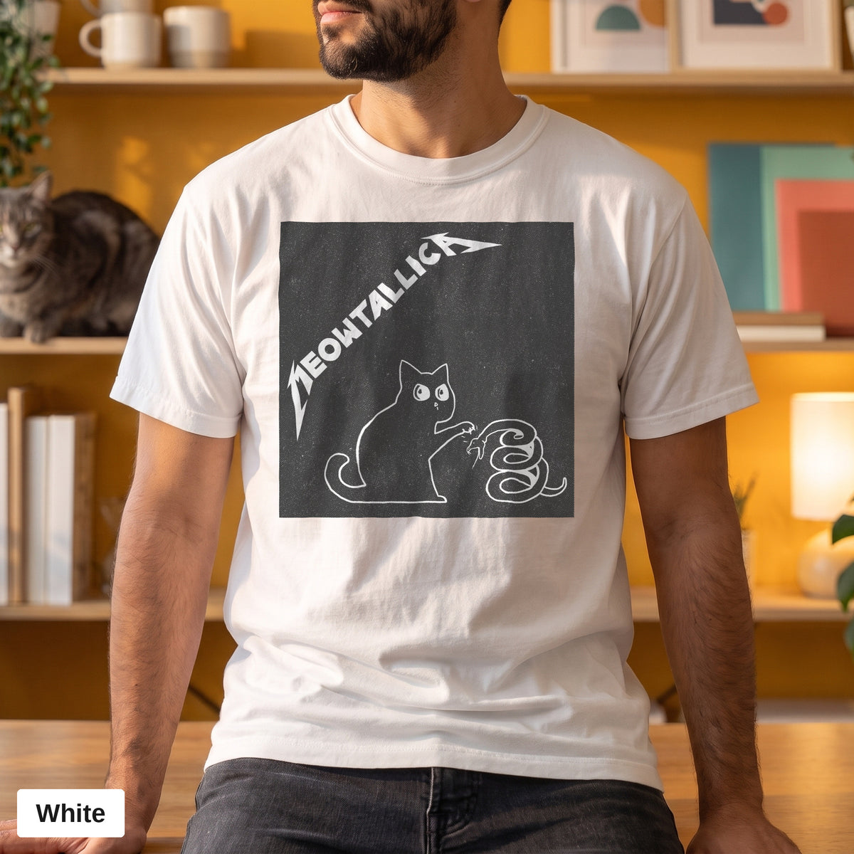 Metal cat and snake graphic tee, Comfort Colors 1717 in White, worn