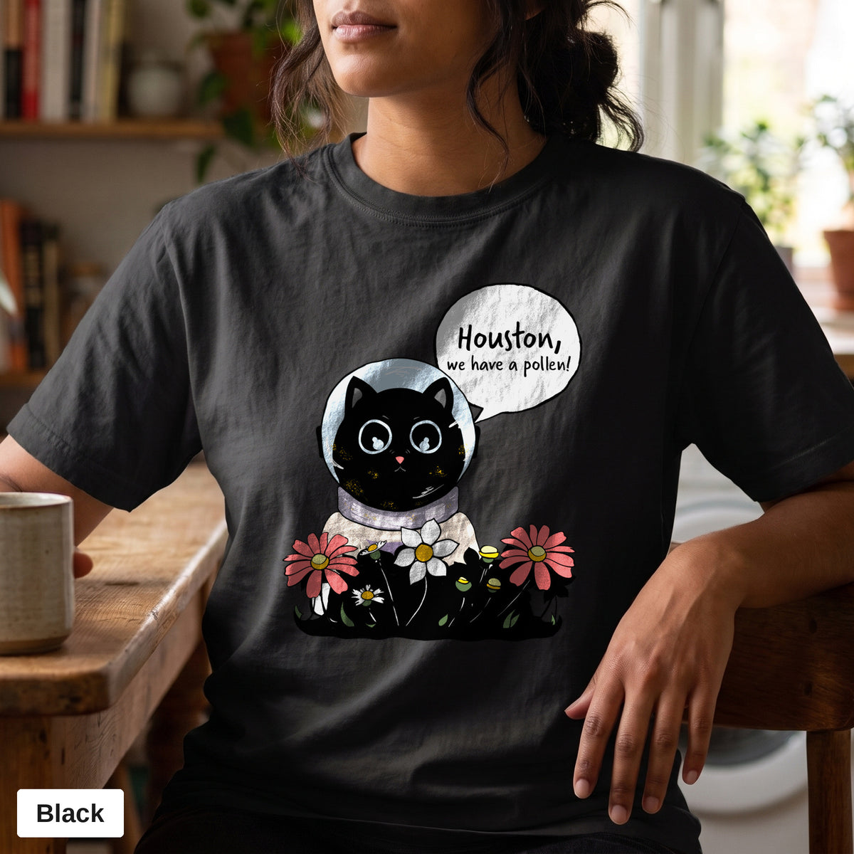 Houston We Have A Pollen cat astronaut tee, Comfort Colors 1717 in Black, worn
