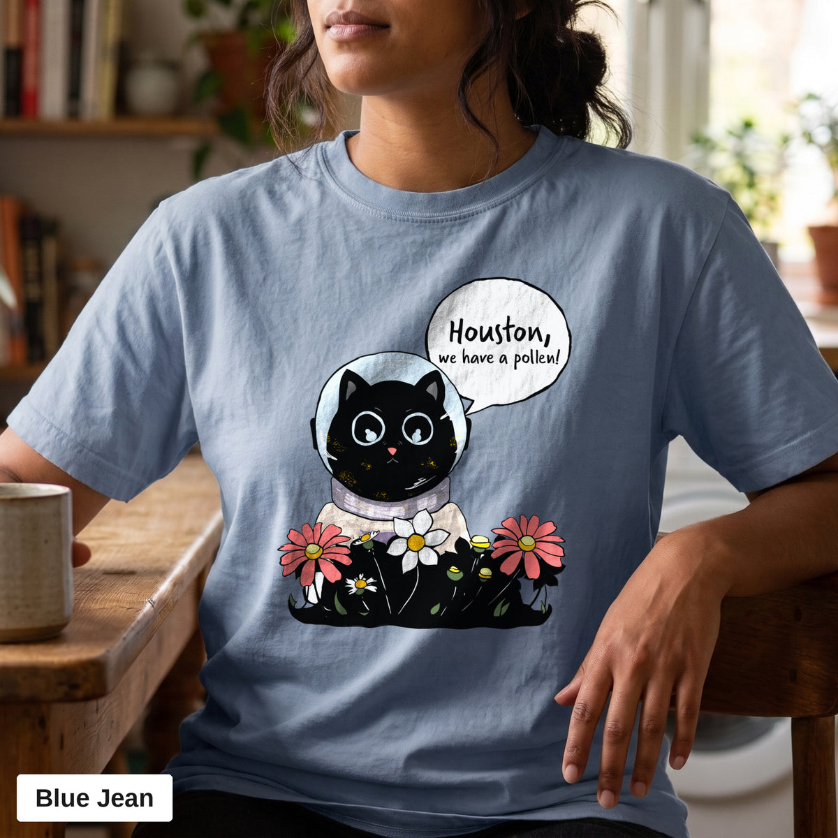 Houston We Have A Pollen cat astronaut tee, Comfort Colors 1717 in Blue Jean, worn