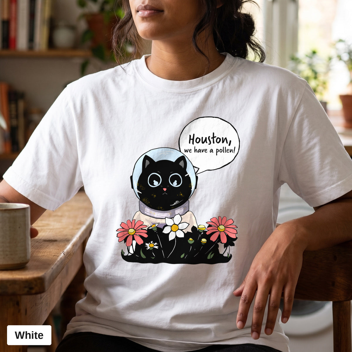 Houston We Have A Pollen cat astronaut tee, Comfort Colors 1717 in White, worn