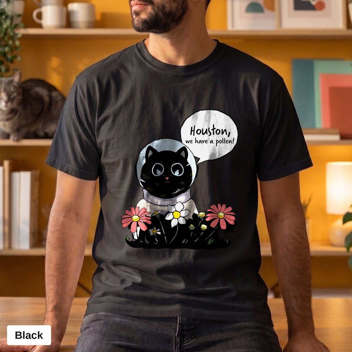 Houston We Have A Pollen cat astronaut tee, Comfort Colors 1717 in Black, worn by a man