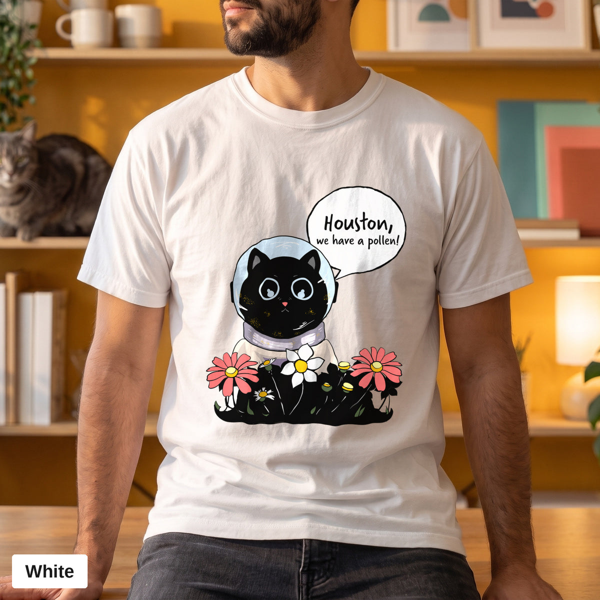 Houston We Have A Pollen cat astronaut tee, Comfort Colors 1717 in White, worn by a man