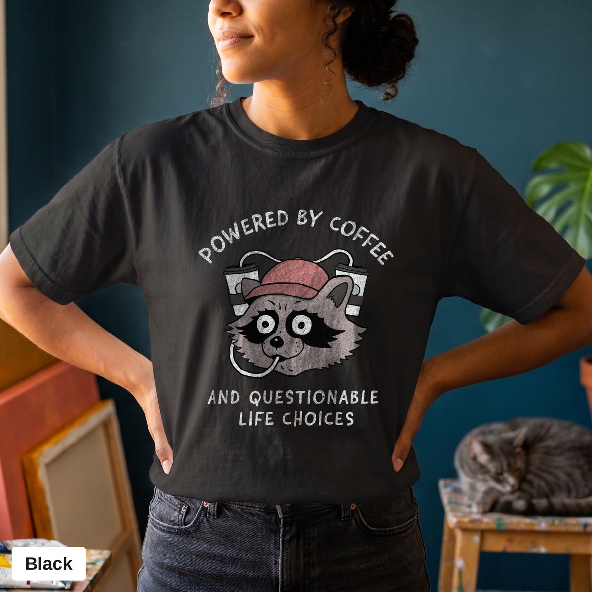Powered By Coffee And Questionable Life Choices raccoon tee, Comfort Colors 1717 in Black, worn
