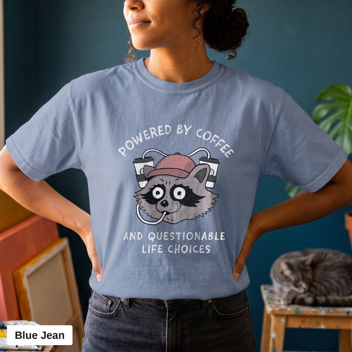 Powered By Coffee And Questionable Life Choices raccoon tee, Comfort Colors 1717 in Blue Jean, worn