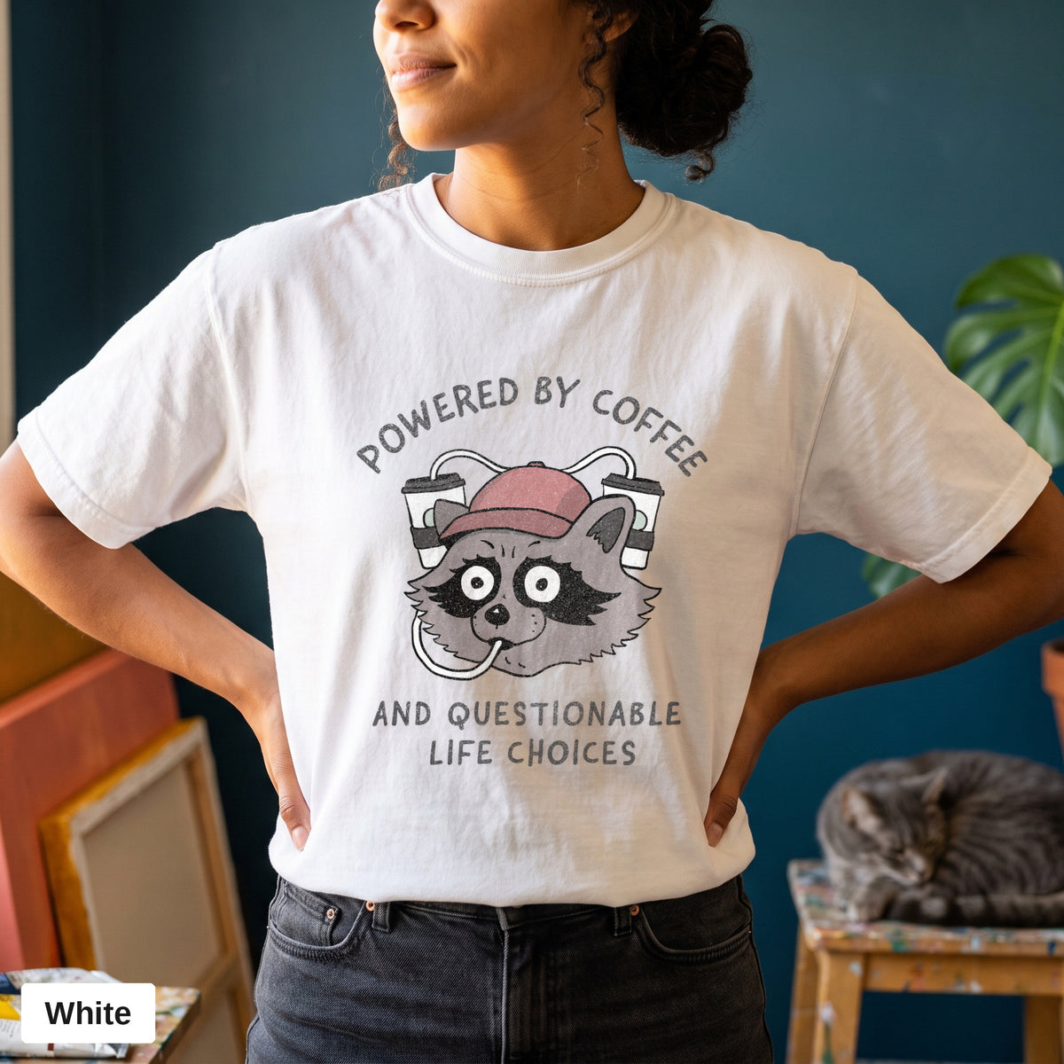Powered By Coffee And Questionable Life Choices raccoon tee, Comfort Colors 1717 in White, worn