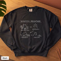 Black Comfort Colors crewneck sweatshirt, folded flat lay, Scientific Meowthod cat science diagram printed on the chest
