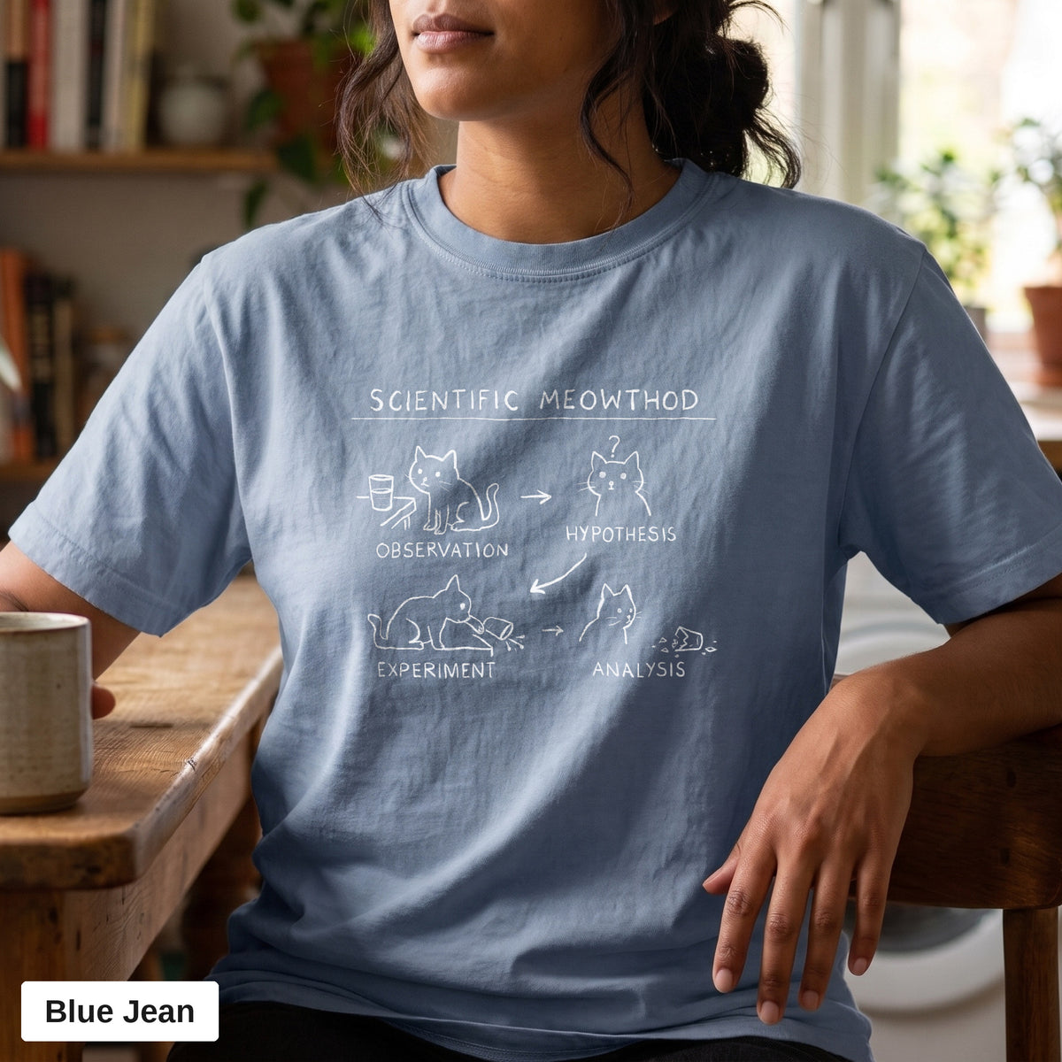 Scientific Meowthod cat science diagram tee, Comfort Colors 1717 in Blue Jean, worn by a woman