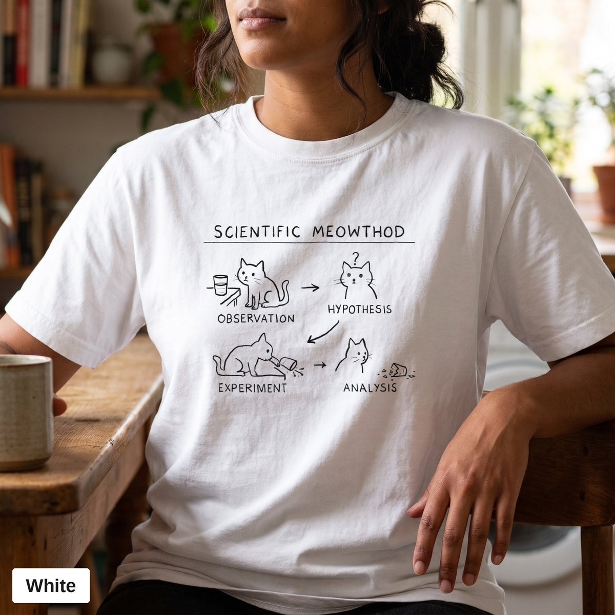 Scientific Meowthod cat science diagram tee, Comfort Colors 1717 in White, worn by a woman