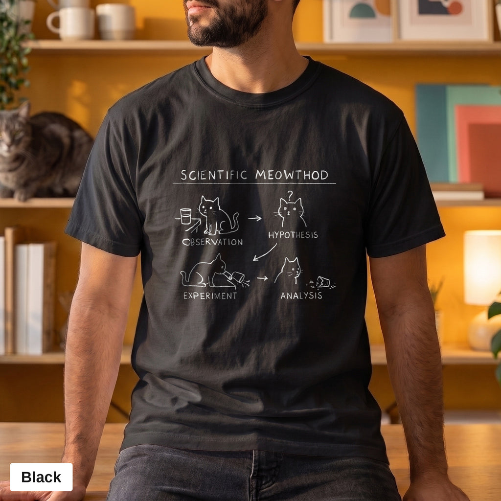 Scientific Meowthod cat science diagram tee, Comfort Colors 1717 in Black, worn by a man
