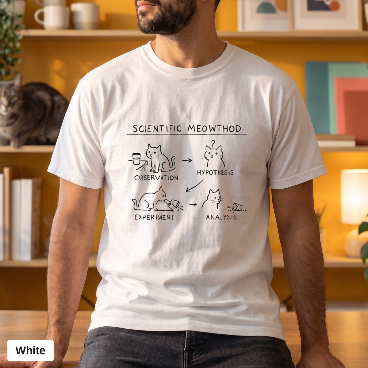 Scientific Meowthod cat science diagram tee, Comfort Colors 1717 in White, worn by a man