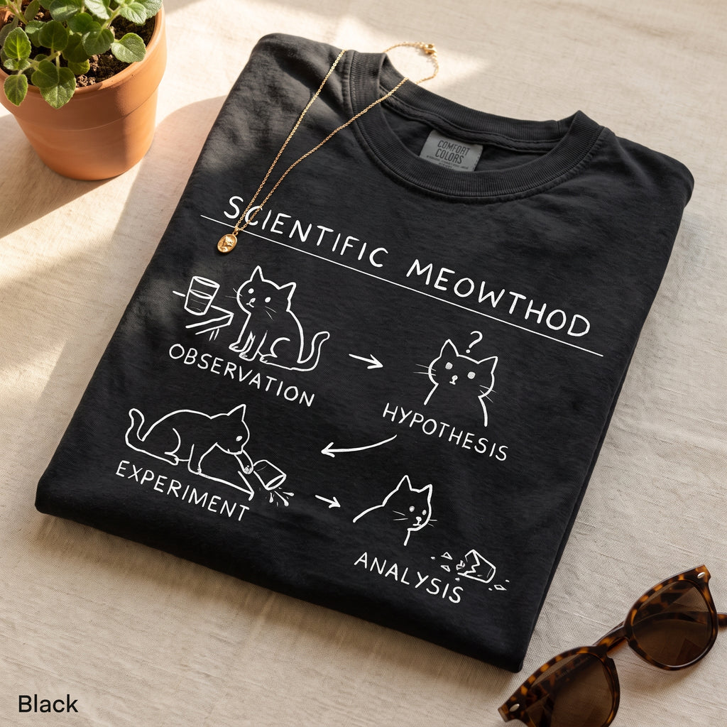 Scientific Meowthod Comfort Colors t-shirt folded flat lay in Black