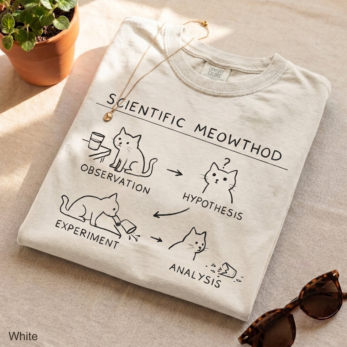 Scientific Meowthod Comfort Colors t-shirt folded flat lay in White